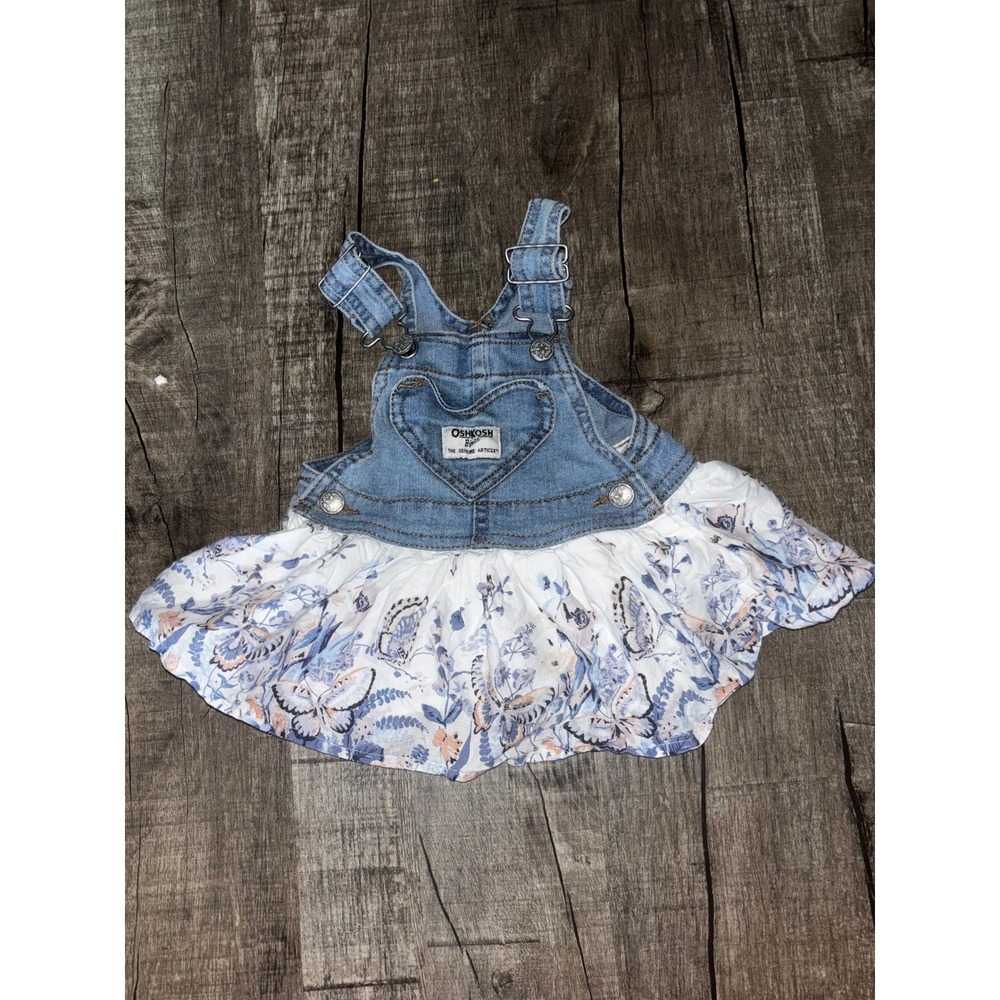 OshKosh Bgosh Baby Girl Denim Butterfly Heart Jumper Dress Blue White 6M